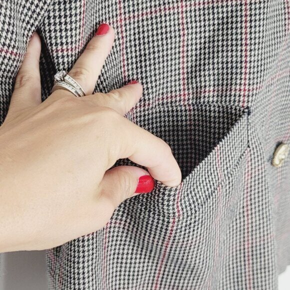 Carroll Reed Women's Vintage Red Tan Black Check V-Neck Button Front Blazer 12 - Picture 3 of 11